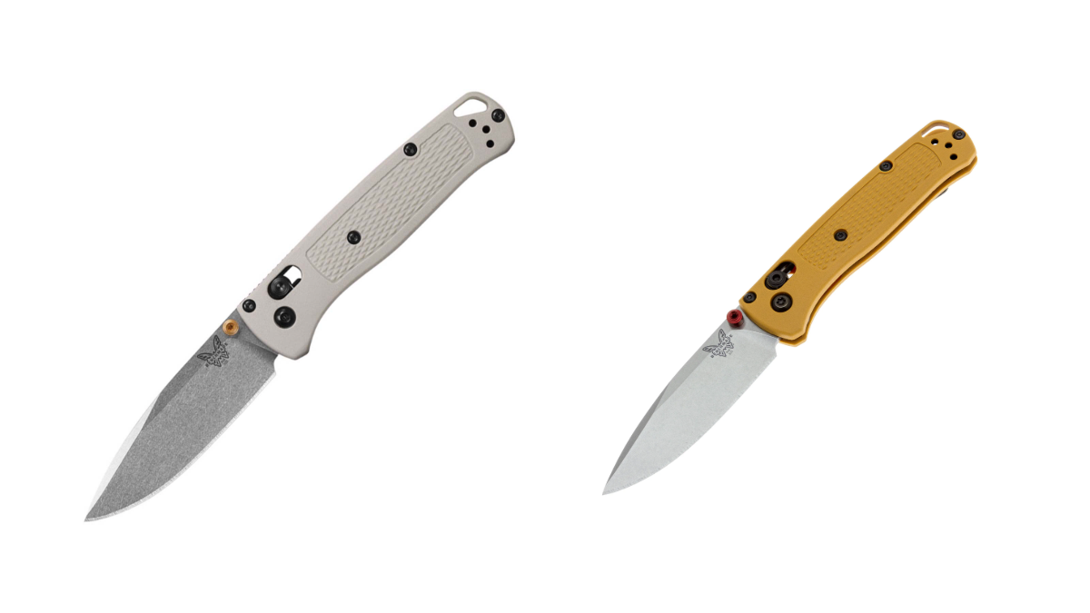 Benchmade 535-12 Bugout AXIS Lock Knife Tan Grivory (3.23" Stonewash) и Benchmade 533-08 Mini Bugout AXIS Lock Knife Daybreak Grivory (2.8" Satin) — фото из каталога ToolEra